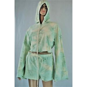 Distressed bell long sleeve hoodie top & short set